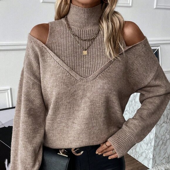 Khaki Casual Womens Turtleneck Cold Shoulder 2 In 1 Sweater - Picture 1 of 5